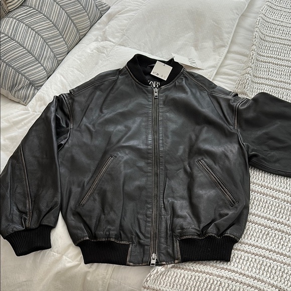 ZARA OVERSIZED LEATHER BOMBER JACKET DARK BROWN XS 5479/713/716 GENUINE FALL - Picture 3 of 9